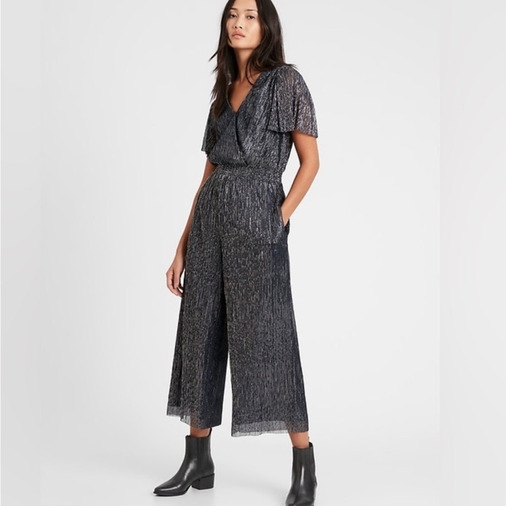Banana Republic Tall S Navy Silver Metallic Wrap Jumpsuit Wide Leg Glam